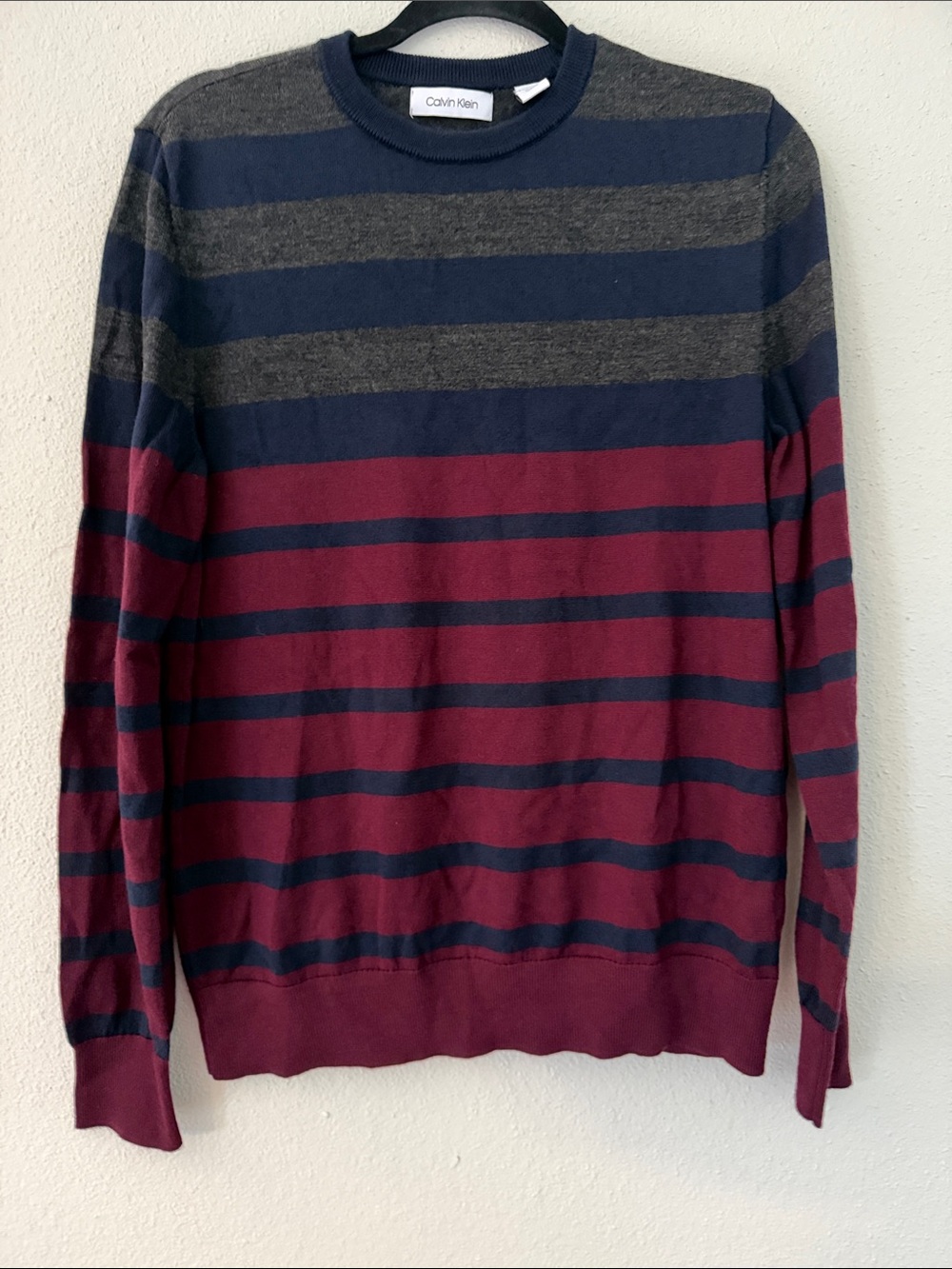 Calvin Klein Men’s Striped Crewneck Sweater - Navy, Gray & Burgundy